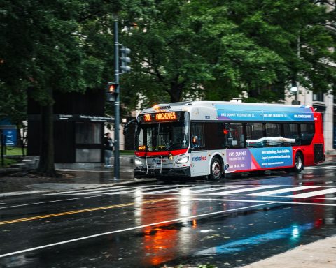 metrobus in rainy washington dc street scene