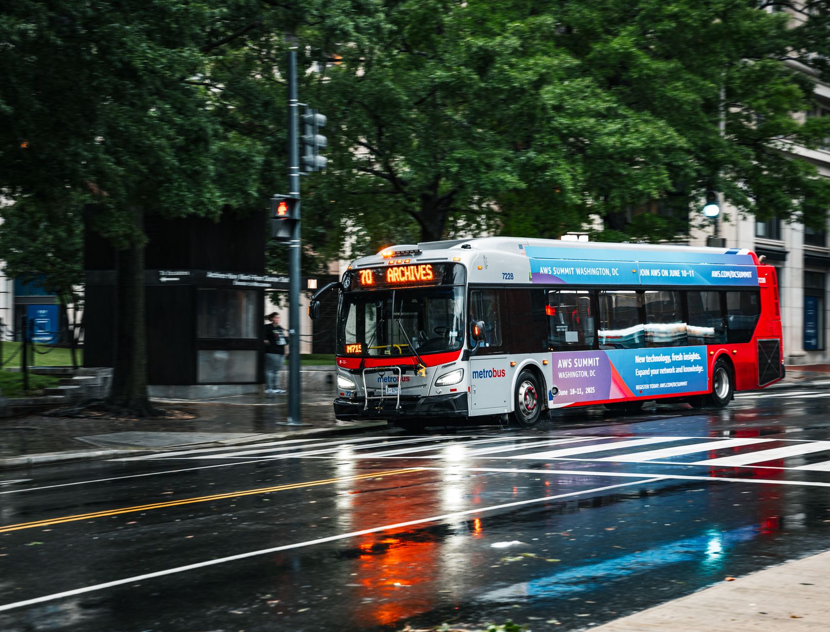 metrobus in rainy washington dc street scene